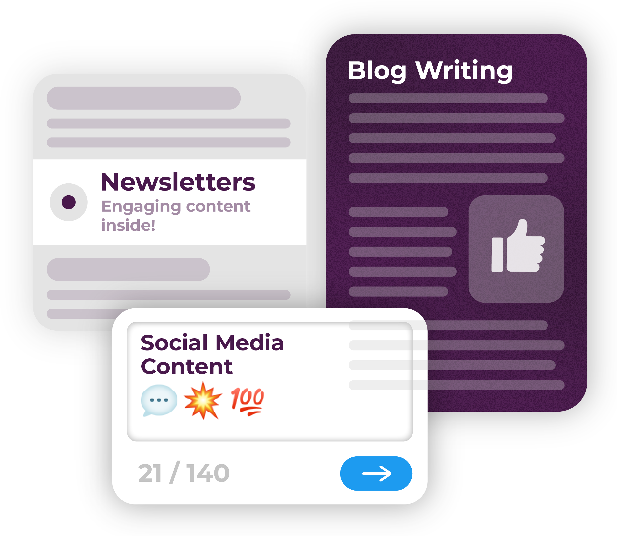 Content marketing bubble design with the words &quot;blog writing, newsletter, and social media content&quot; on it with grey icons