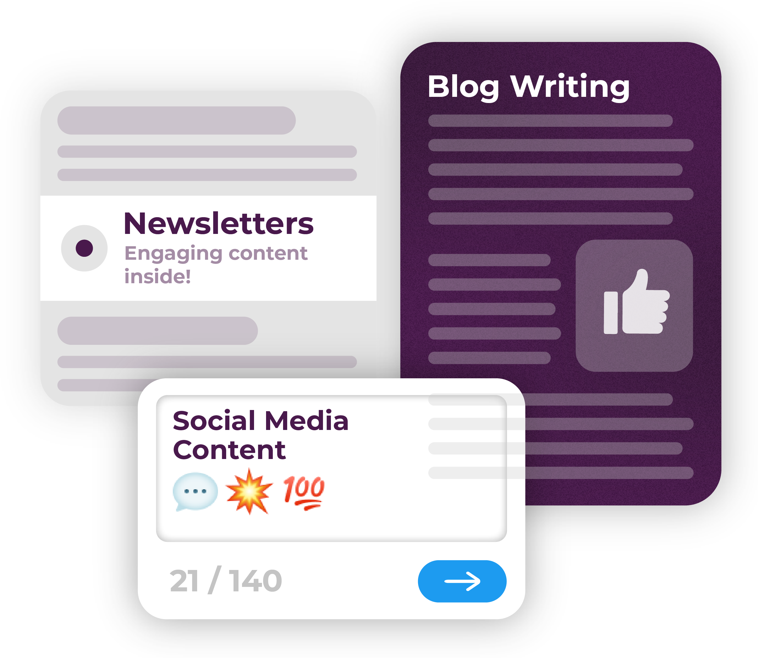 Content marketing bubble design with the words "blog writing, newsletter, and social media content" on it with grey icons