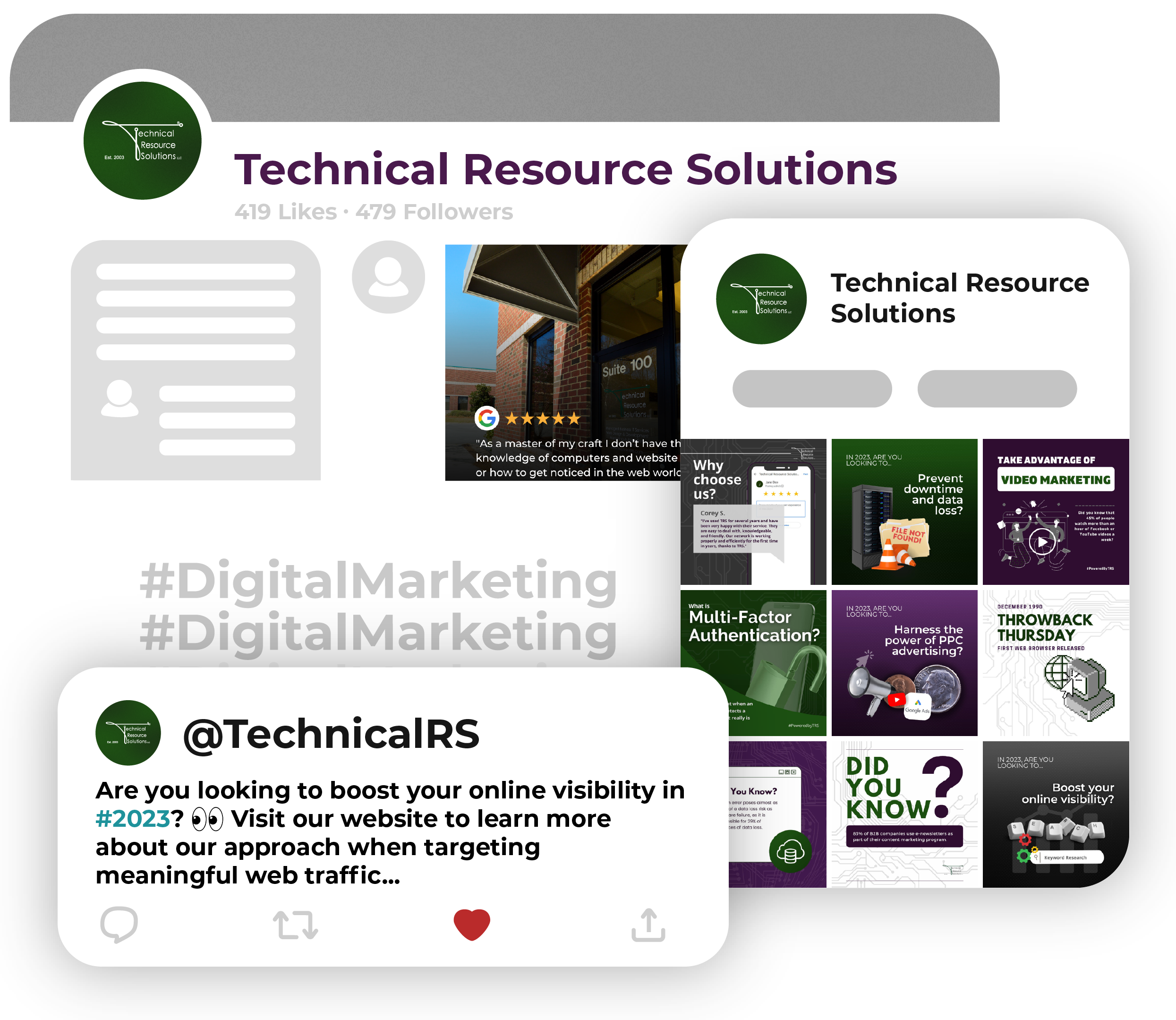 Digial marketing bubble design with the words &quot;Technical Resource Solutions and Digital Marketing&quot; on it with grey icons