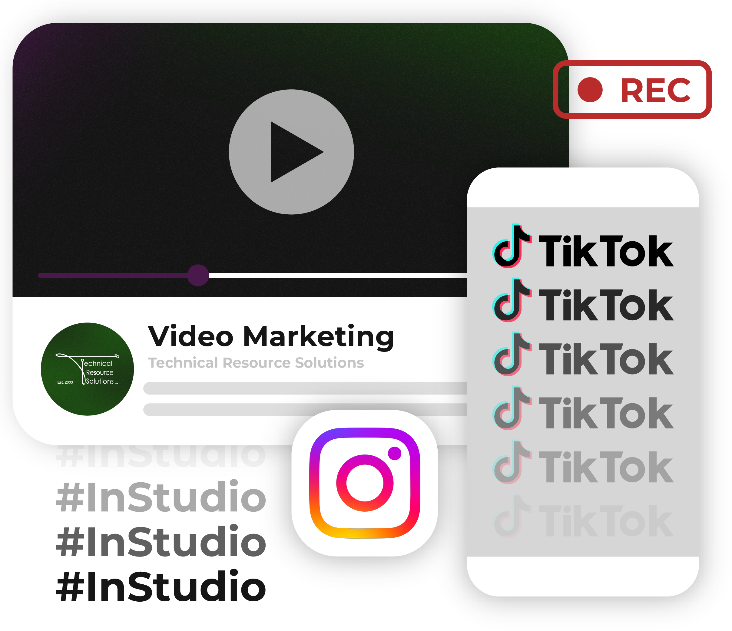 video marketing bubble icons with the words &quot;tiktok, in studio, and video marketing&quot; on it with Instagram icon