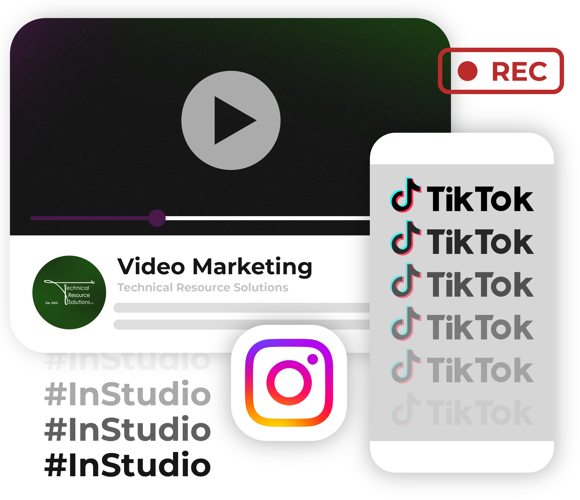 video marketing bubble icons with the words "tiktok, in studio, and video marketing" on it with Instagram icon