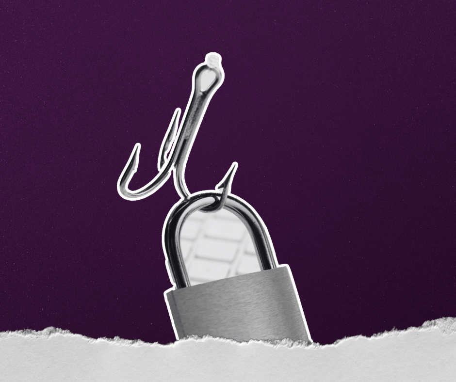 A hook picking up a lock on a purple background.