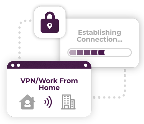 A Purple and white IT bubble design with the word "VPN/Work From Home" on it