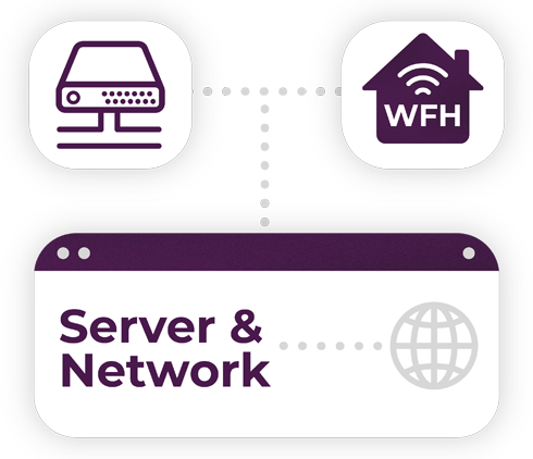 Purple and white IT bubble design with the words &quot;Server &amp; Network&quot; on it with icons