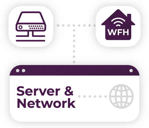 Purple and white IT bubble design with the words "Server & Network" on it with icons