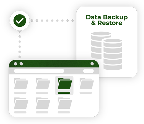 green and white IT bubble design with the words &quot;Data backup &amp; restore&quot; on it with grey icons