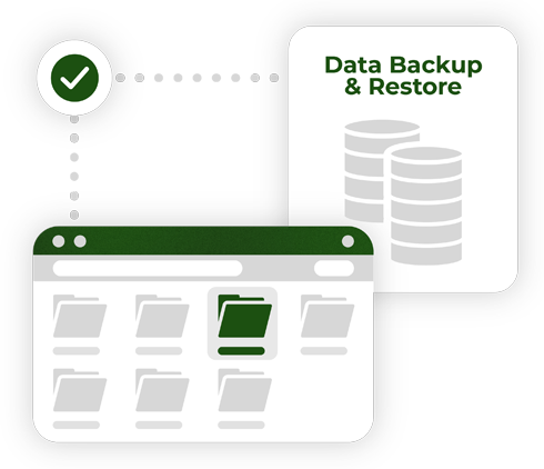 green and white IT bubble design with the words "Data backup & restore" on it with grey icons