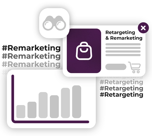 remarketing bubble design with the words 'Remarketing and Retargeting&quot; on it with grey icons
