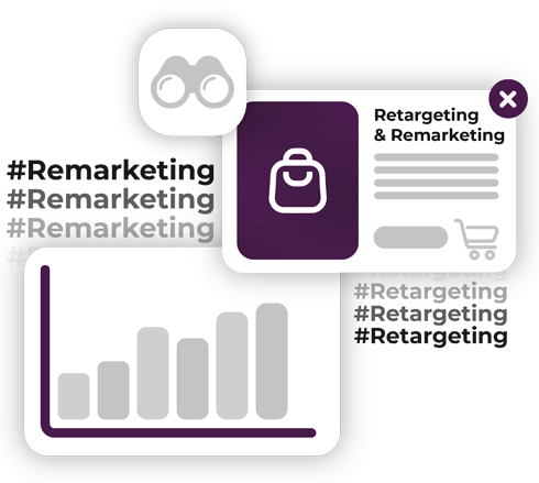 remarketing bubble design with the words 'Remarketing and Retargeting" on it with grey icons