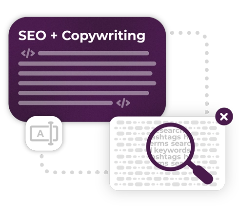 Purple and white website marketing bubble design with the words &quot;SEO = Copywriting&quot; on it with grey icons