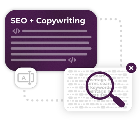 Purple and white website marketing bubble design with the words "SEO = Copywriting" on it with grey icons