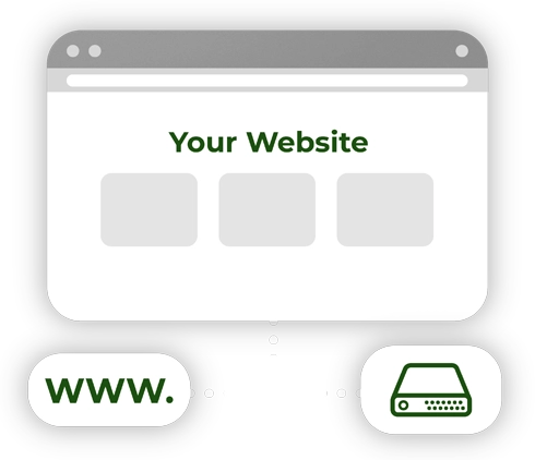 green and white website marketing bubble design that says "Your Website" with grey icons 